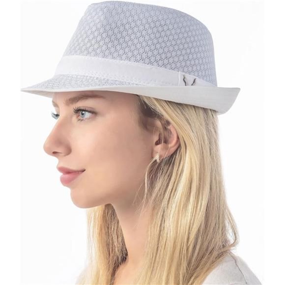 Light Weight Classic Soft Cool Mesh Crushable Fedora Hat White - Picture 3 of 6